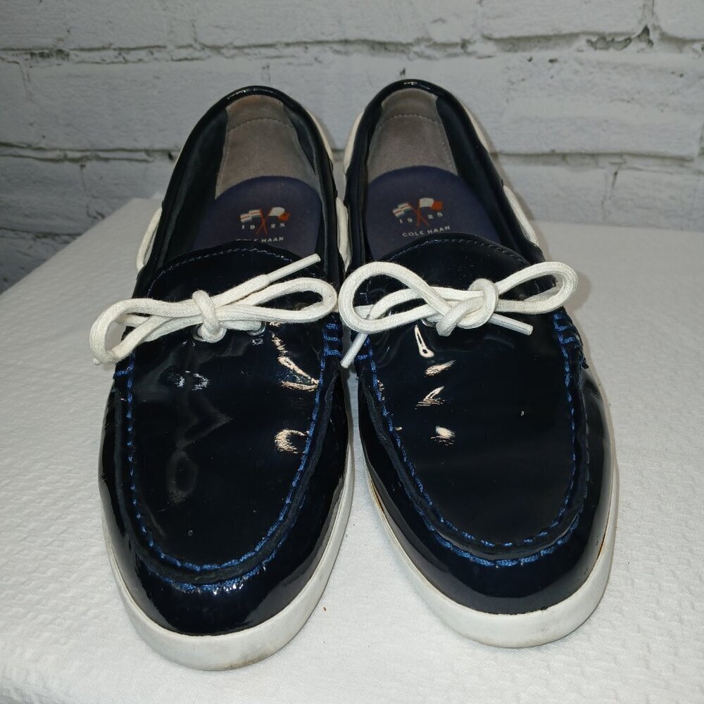 WOMENS COLE HAAN NANTUCKET CAMP PATENT LEATHER BOAT DECK SHOES, NAVY, SIZE 8.5 - Picture 8 of 12